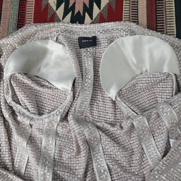 AKRIS Polyester Silk Blend Open Blazer Jacket‎ Sz 8 Silver Metallic Grid Square - Picture 9 of 11